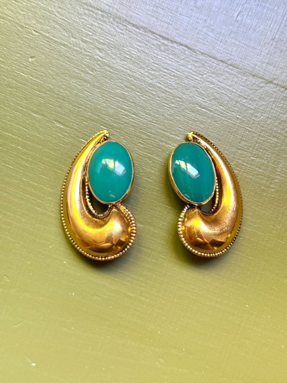 Vintage Late Century Gold Brass And Green Glass Stone Abstract Earrings Clip On